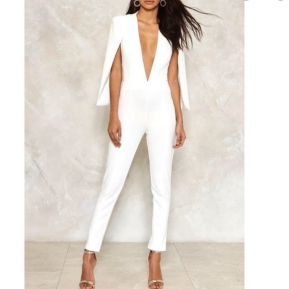 White Nasty Gal Jumpsuit With Cape Low Cut